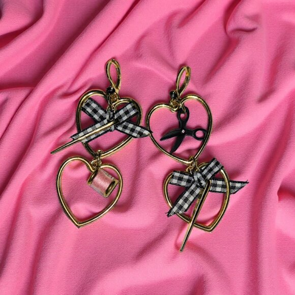 Betsey Johnson Jewelry - Betsey Johnson XOX Sewing Earrings Scissors Spool Heart Dangle Statement